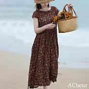 【ACheter】 高端圓領連身裙棉麻感旅行度假薄款寬鬆印花短袖長版洋裝# 118375 XL 花紋色
