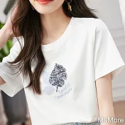 【MsMore】 白色短袖T恤韓版寬鬆圓領印花棉短版上衣# 118385 M 白色
