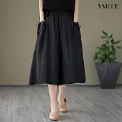 【AMIEE】舒適透氣七分闊腿寬褲(4色/M-2XL/KDPY-6327) XL 黑色