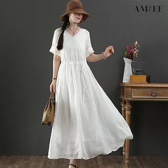 【AMIEE】氣質V領側綁帶顯瘦洋裝(白色/M-2XL/KDDY-8256) M 白色