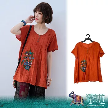 潘克拉 | 泰國手工彩色繡花傳統捲皺棉質上衣 TM581  FREE 橘色
