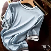 【初色】夏季純色羅紋寬鬆透氣圓領短袖T恤上衣-藍色-68777(M-2XL可選) XL 藍色