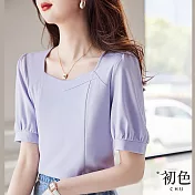 【初色】甜美風方領短袖素色拼接燈籠袖顯瘦T恤上衣-紫色-68747(M-2XL可選) M 紫色