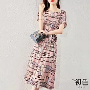 【初色】圓領短袖系帶收腰顯瘦休閒連身中長裙洋裝-粉色格紋-68794(M-2XL可選) XL 粉色