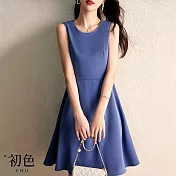 【初色】圓領無袖收腰素色中長裙洋裝-共2色-68803(M-2XL可選) M 霧藍色