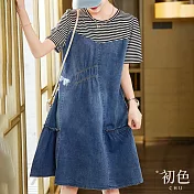 【初色】圓領條紋拼接假兩件連身牛仔連身裙短袖洋裝-藍色-68774(M-2XL可選) XL 藍色