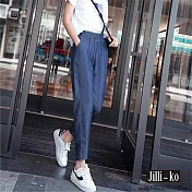 【Jilli~ko】夏季鬆緊腰寬鬆垂感薄款冰絲九分牛仔褲 J10833  FREE 深藍色