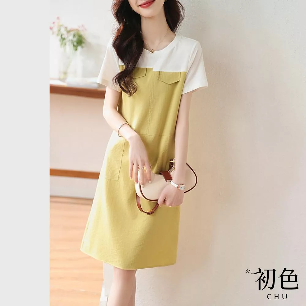 【初色】拼接假兩件休閒拼色中裙連身裙洋裝-黃色-68739(M-2XL可選) M 黃色