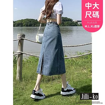 【Jilli~ko】高腰後開衩中長款A字包臀牛仔半身裙 L-XL J10827  L 藍色