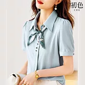 【初色】氣質翻領絲巾泡泡袖素色短袖襯衫上衣-藍色-68751(M-2XL可選) XL 藍色