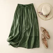 【ACheter】 半身裙休閒純色大碼寬鬆復古鬆緊高腰百搭長裙# 118395 L 綠色