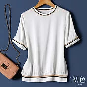【初色】素色拼接雙色條紋包邊冰絲圓領短袖T恤上衣-共2色-68776(M-2XL可選) XL 白色