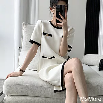 【MsMore】 小香風連身裙法式短袖復古氣質白色短裙洋裝# 118467 FREE 白色