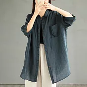 【ACheter】 大碼日系棉麻感七分袖襯衫設計法式甜美長版罩衫百搭上衣# 118406 L 綠色