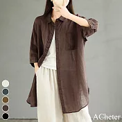 【ACheter】 大碼日系棉麻感七分袖襯衫設計法式甜美長版罩衫百搭上衣# 118406 L 咖色