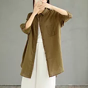 【ACheter】 大碼日系棉麻感七分袖襯衫設計法式甜美長版罩衫百搭上衣# 118406 M 黃色