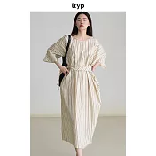 ltyp旅途原品 100%棉休閒時髦條紋袍式風連衣裙 M L-XL  L-XL 米白底綠條