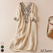 【ACheter】 連身裙V領刺繡寬鬆七分袖長版洋裝配吊帶長襯裙洋裝# 118415 XL 杏色