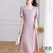 【初色】時尚簡約方領收腰短袖中長裙連衣裙洋裝-粉色-68635(M-2XL可選) M 粉色