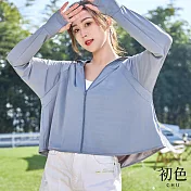 【初色】素色夏季輕薄短款黑膠連帽拉鍊防曬外套-共8色-68722(F可選) F 藍色