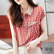 【初色】薄款涼爽翻領撞色格紋拼接金屬扣飾短袖襯衫上衣-紅色-68850(M-2XL可選) XL 紅色