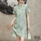 【初色】中式旗袍繡花復古短袖立領A字中長裙連身裙洋裝-綠色-68853(M-XL可選) M 綠色