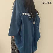 【AMIEE】美式英文寬鬆長版上衣(3色/M-2XL/KDTY-0718) XL 藍色