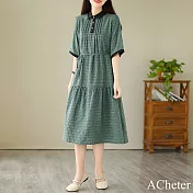 【ACheter】 名媛輕奢格紋長款收腰顯瘦娃娃領格子連身裙五分袖洋裝# 118542 M 綠色