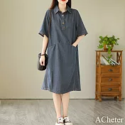 【ACheter】 大碼休閒減齡遮肉短袖襯衫裙中長款軟牛仔連身裙洋裝# 118543 M 藍色