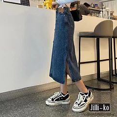 【Jilli~ko】高腰開衩貼標設計感牛仔包臀裙 M─L J10884 L 深藍