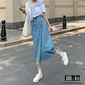 【Jilli~ko】不規則設計感中長款高腰牛仔半身裙 M-L J10854 L 藍色