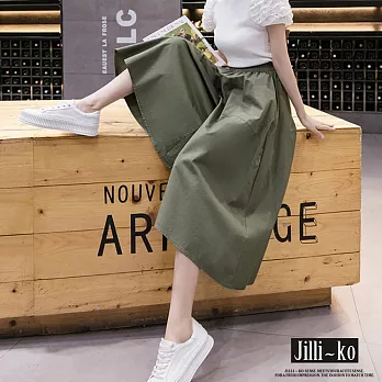 【Jilli~ko】薄款百搭休閒款鬆緊高腰闊腿褲裙 J10868  FREE 綠色