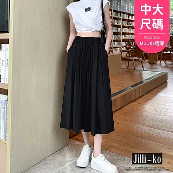 【Jilli~ko】薄款透氣寬鬆鬆緊腰七分闊腿裙褲 J10872  FREE 黑色