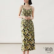【初色】菱格印花吊帶V領連衣裙無袖連身洋裝-綠色-68839(M-XL可選) M 綠色