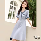【初色】小香風撞色V領中長連衣裙短袖連身洋裝-藍色-68831(M-2XL可選) XL 藍色