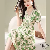 【初色】夏日輕薄V領短花邊袖連身洋裝中長連衣裙-綠色-68833(M-2XL可選) M 綠色