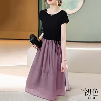 【初色】復古假兩件清涼感圓領短袖收腰連衣裙中長裙洋裝-共2色-69191(M-2XL可選) M 紫粉色
