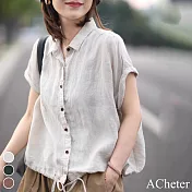 【ACheter】 寬鬆文藝休閒襯衫領純色襯衫抽繩棉麻感短袖短版上衣# 118732 L 杏色
