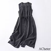 【ACheter】 棉麻感純色百搭寬鬆型復古背心連身裙無袖中長版洋裝# 118782 L 深灰色