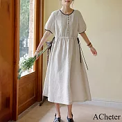 【ACheter】 棉麻感純色不規則裙寬鬆型圓領短袖牙籤褶連身裙長版洋裝# 118784 L 米白色