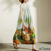【ACheter】 棉麻無袖油畫風藝術感優雅精緻定位印花圓領連身裙背心長洋裝# 118792 2XL 花紋色