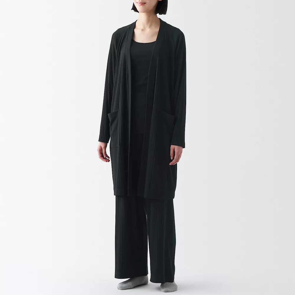 【MUJI 無印良品】女棉混莫代爾寬版螺紋長版開襟衫 XL 黑色