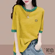 【初色】休閒圓領撞色短袖T恤上衣-共5色-69359(M-2XL可選) XL 黃色