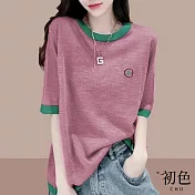 【初色】休閒圓領撞色短袖T恤上衣-共5色-69359(M-2XL可選) M 紫色