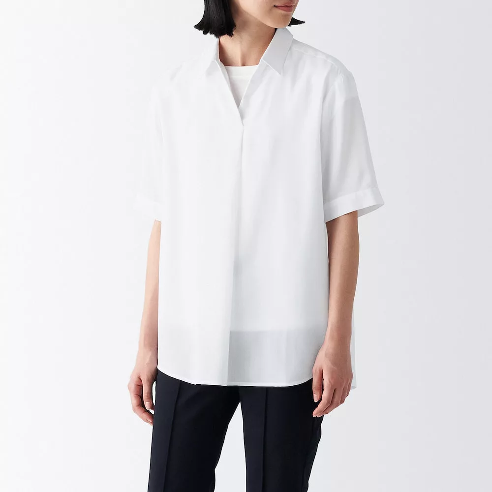 【MUJI 無印良品】女萊賽爾混五分袖長版衫 L 白色