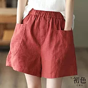 【初色】棉麻風休閒純色鬆緊腰闊腿直筒短褲寬褲-共5色-68708(M-2XL可選) M 紅色