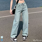 【MsMore】 高腰闊腿後口袋設計牛仔長褲涼感直筒寬鬆顯瘦小個子拖地# 118523 M 藍色