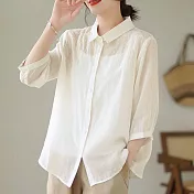 【ACheter】 棉麻感大碼文藝復古寬鬆休閒刺繡襯襯短版上衣# 118655 XL 白色