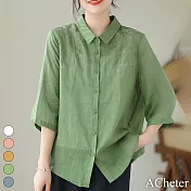 【ACheter】 棉麻感大碼文藝復古寬鬆休閒刺繡襯襯短版上衣# 118655 M 綠色