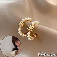 【卡樂熊】s925銀針韓系玫瑰環珍珠造型耳環飾品─ 金色